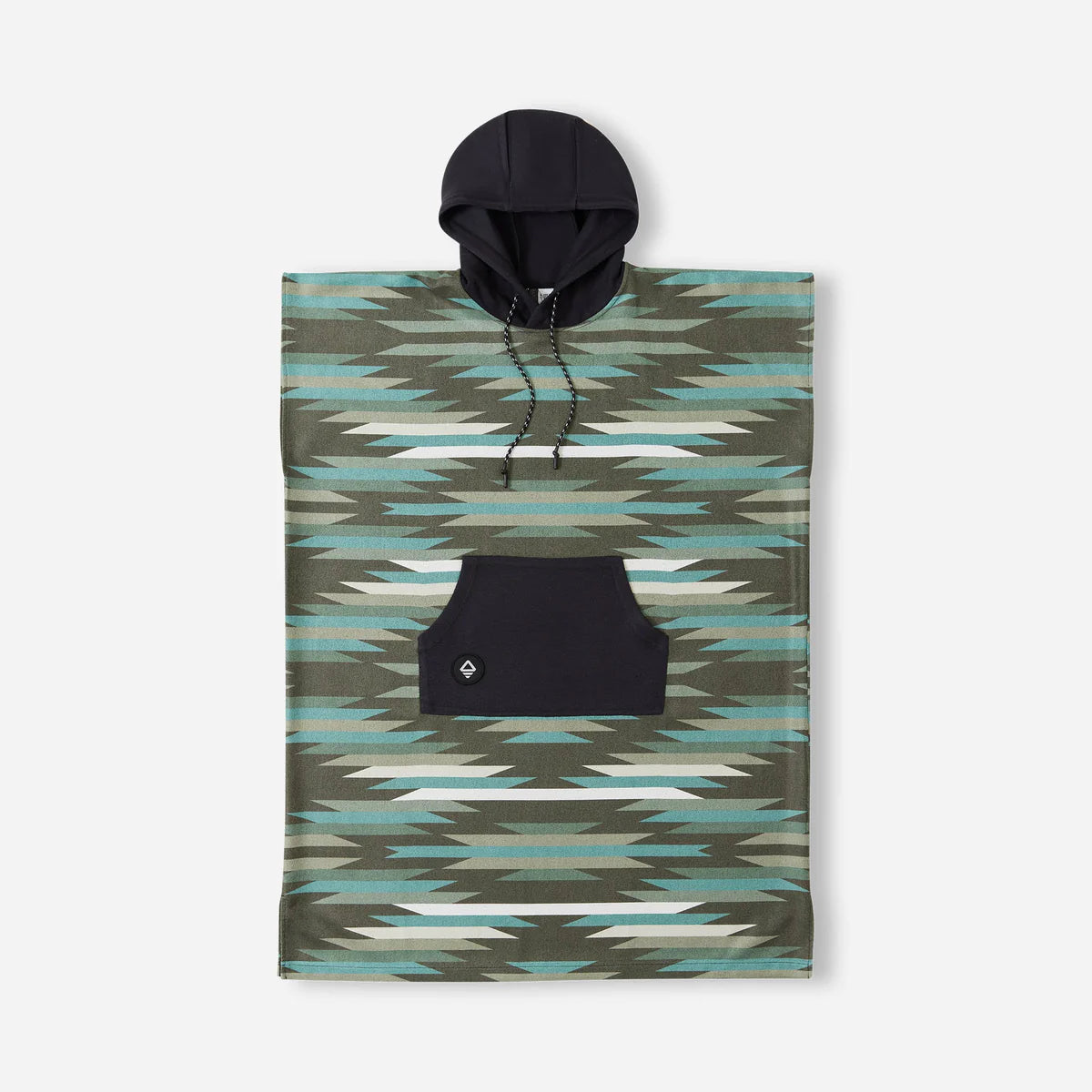 The Nomadix Changing Poncho features a geometric green and blue design, black hood with drawstrings, and a spacious front pocket, shown against a plain background.