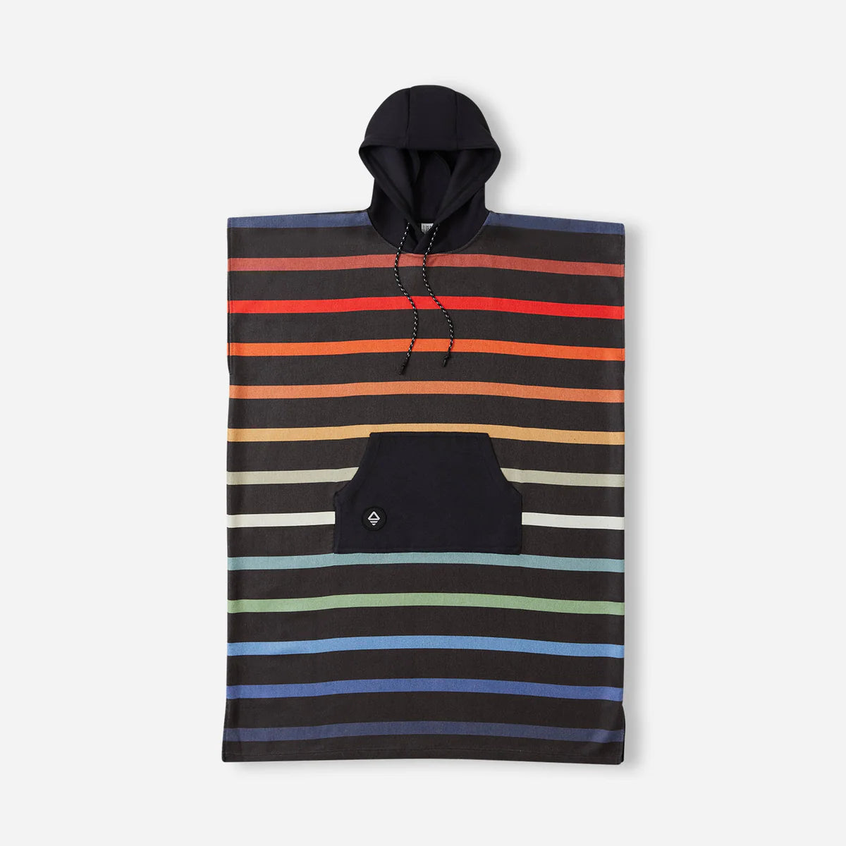 The Nomadix Changing Poncho features horizontal stripes in various colors on a black background and includes a front kangaroo pocket.