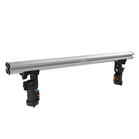 The YakAttack Command Center HD Crossbar, a silver fishing kayak accessory with black mounting brackets and orange release buttons compatible with GearTrac, is displayed on a white background.