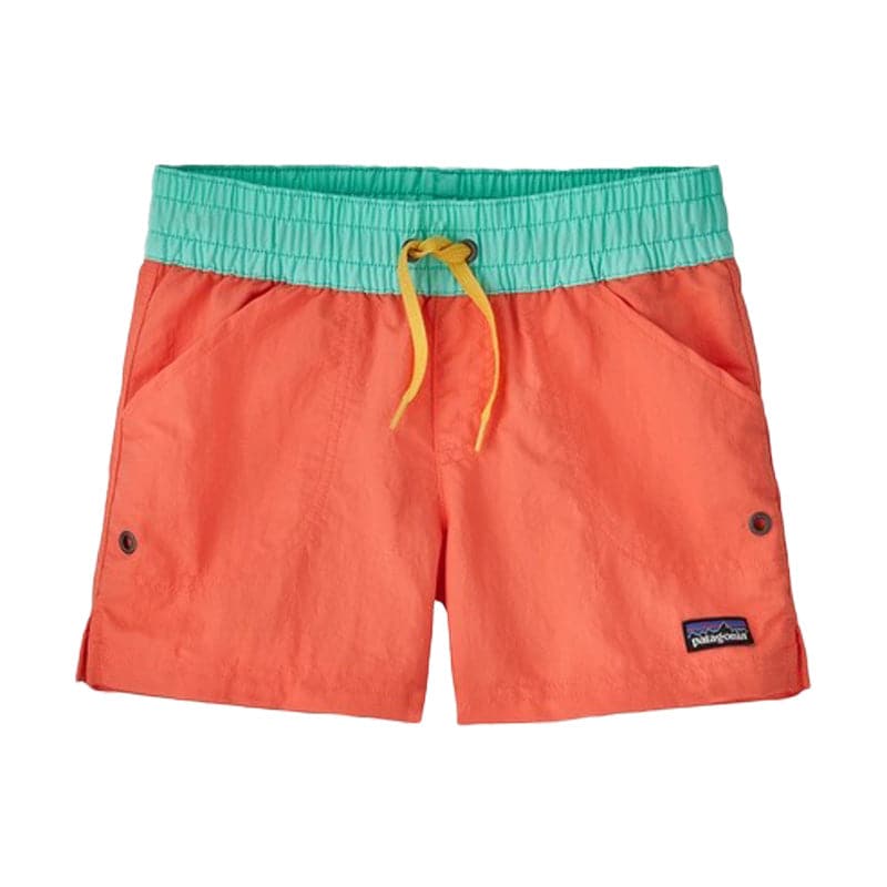 Patagonia Costa Rica Baggies - Kids shorts in coral and turquoise.