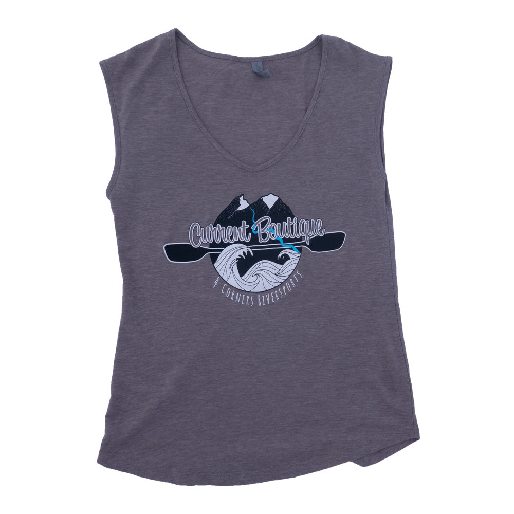 A women's sleeveless Current Boutique Tee with an image of a boat, made by 4CRS.