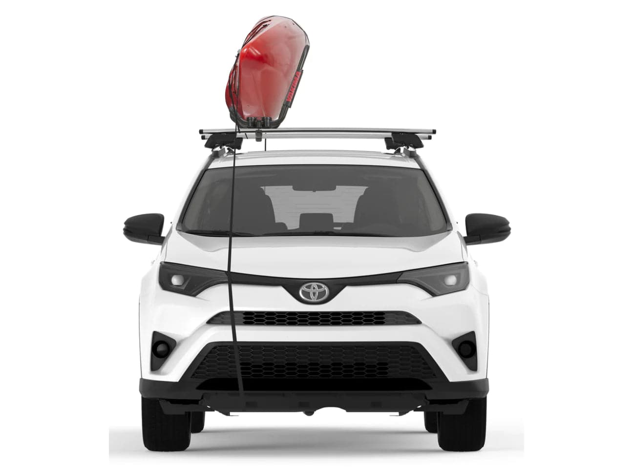 a white Toyota RAV4 with a Yakima JayHook kayak rack on top.