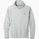 The Echo Hoodie - Men's by Outdoor Research is a gray long-sleeve hooded sweatshirt with a small chest logo, designed for excellent moisture management and essential sun protection to keep you comfortable all day.