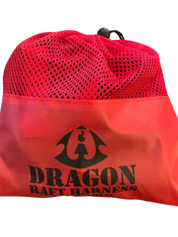 A red bag with the Colorado Bigfooter Dragon Raft Harness business logo on it, featuring durable nylon webbing.