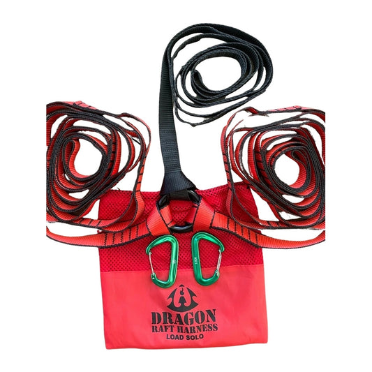 A red and green Dragon Raft Harness carabiner with a Colorado Bigfooter nylon webbing bag.
