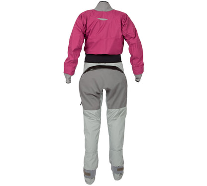 The back view of a Kokatat Hydrus 3.0 Meridian Drysuit - Women's wetsuit that is waterproof and breathable.