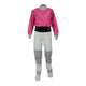 A Kokatat women's wetsuit in pink and grey, featuring a waterproof and breathable design.
