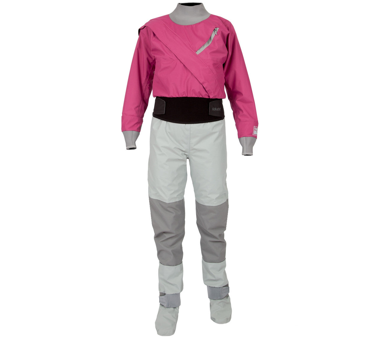 A Kokatat women's wetsuit in pink and grey, featuring a waterproof and breathable design.
