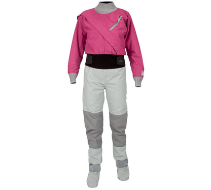 A Kokatat women's wetsuit in pink and grey, featuring a waterproof and breathable design.
