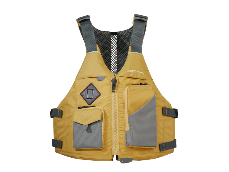 The Astral E-Ronny PFD is a yellow life vest made from recycled polyester, equipped with adjustable black straps, two large front pockets, and a mesh back panel. It complies with USCG Type III standards for safety and performance.