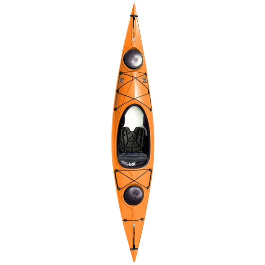 Top view of the Eddyline Rio 120, a lightweight kayak with black bungee cords, two storage hatches, and a central padded seat—engineered for stability and comfort on the water.