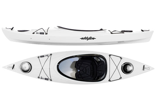 The white Eddyline Sky 100 lightweight recreational kayak is shown from the side and top, featuring an adjustable seat, bungee storage, and two storage hatches.