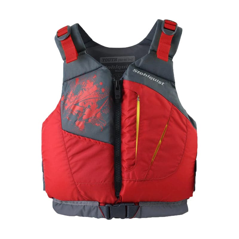 a red and grey Stohlquist Escape Youth PFD on a white background.