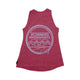 A women's red Essential Tank with the words OR on it.