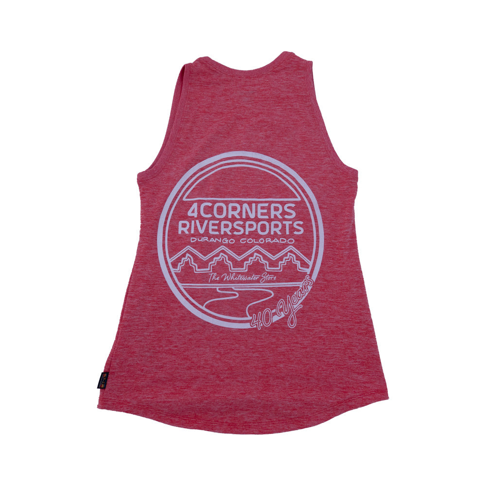 A women's red Essential Tank with the words OR on it.