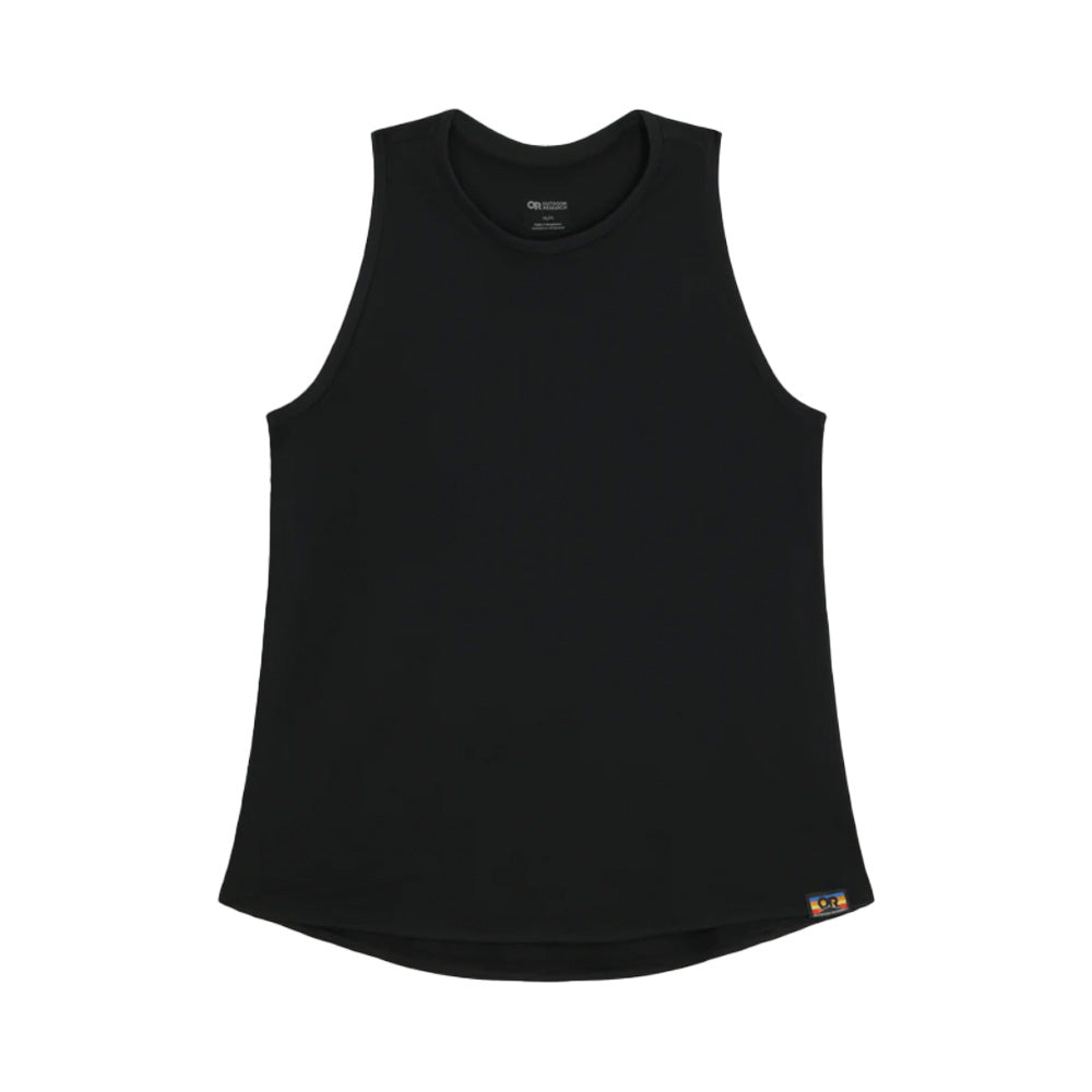 The Outdoor Research Essential Tank - Women's features a round neckline and small logo tag at the hem, displayed on a white background. This black sleeveless top is ideal as a mid-weight running tank, effortlessly blending style and performance.