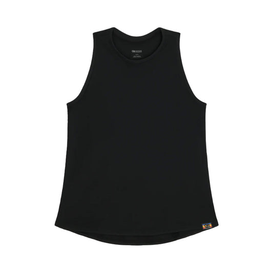 The Outdoor Research Essential Tank - Women's features a round neckline and small logo tag at the hem, displayed on a white background. This black sleeveless top is ideal as a mid-weight running tank, effortlessly blending style and performance.