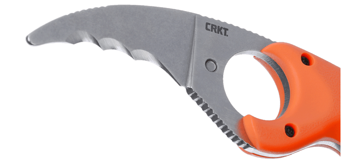 The CRKT Bear Claw Knife is a fixed blade knife with an orange handle, made of corrosion-resistant steel, showcased against a white background.