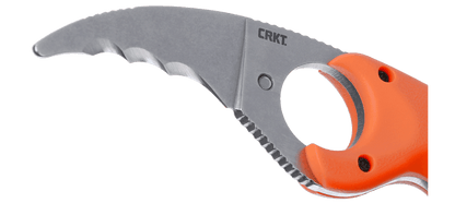 The CRKT Bear Claw Knife is a fixed blade knife with an orange handle, made of corrosion-resistant steel, showcased against a white background.