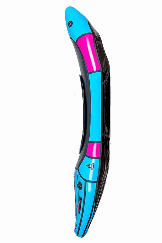 A vibrant blue and black Valkyrie V3 pocket knife with a curved handle isolated on a white background, ideal for packraft adventures by Alpacka.