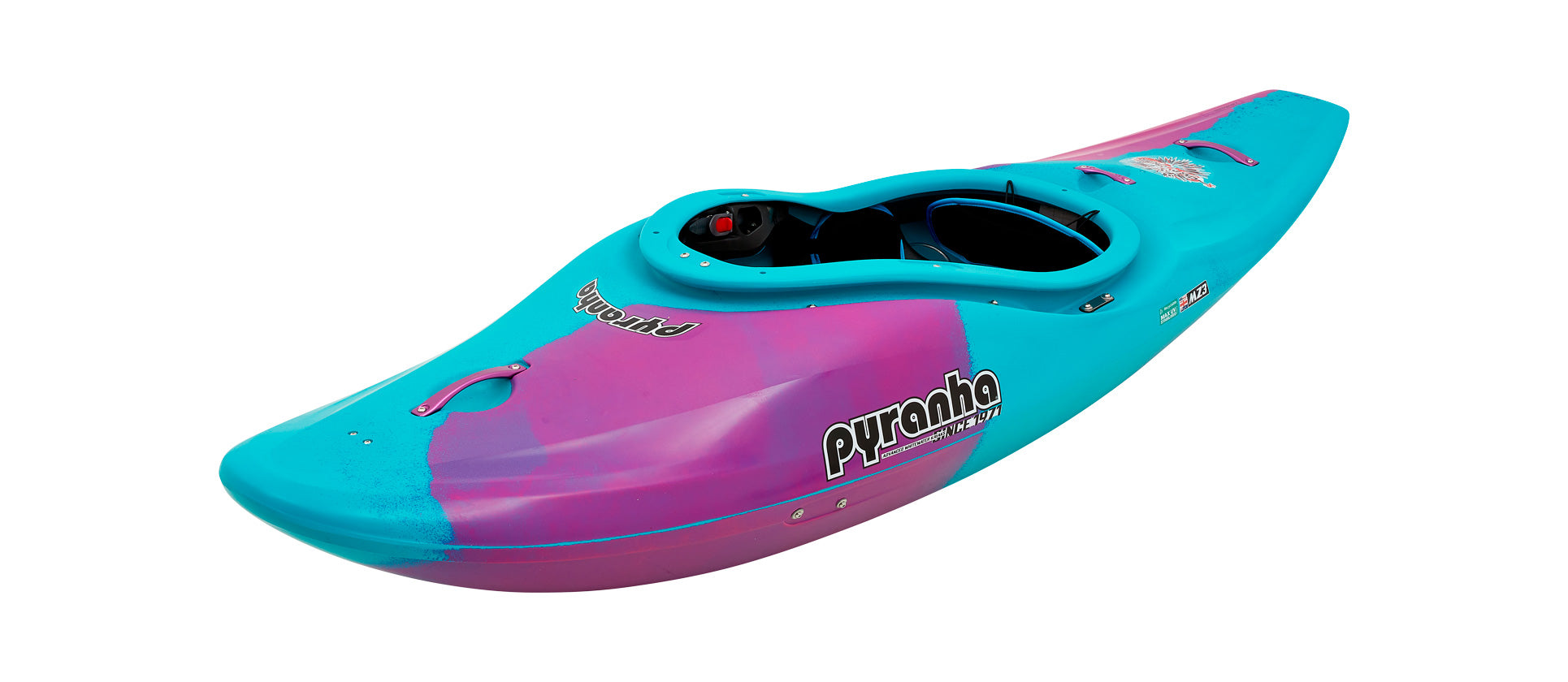 A Firecracker kayak in blue and pink, perfect for paddling adventures, on a white background.