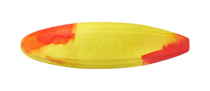 The Pyranha Firecracker play kayak’s hull, shown from above, displays a smooth, streamlined design with a vibrant yellow-to-red gradient and features the advanced Elite Outfitting System.