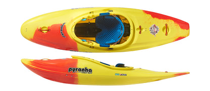 Top and side views of the Pyranha Firecracker play kayak in yellow and red, featuring a blue seat, Elite Outfitting System, black footrests, patterned design by the cockpit, and prominent Pyranha logos.