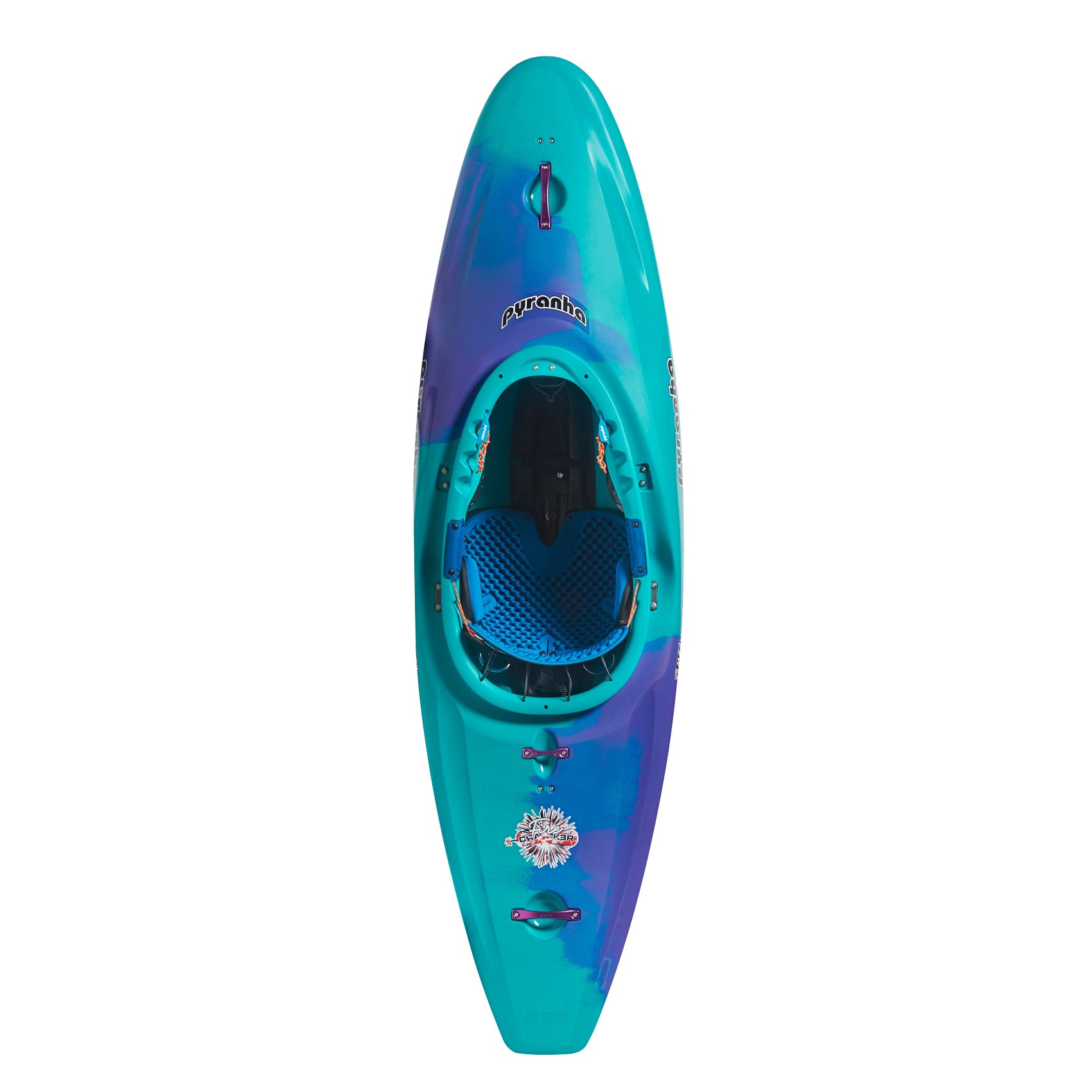 The Pyranha Firecracker playboat, in blue and purple, is shown from above with a single seat, footrests inside the cockpit, and front and back handles.