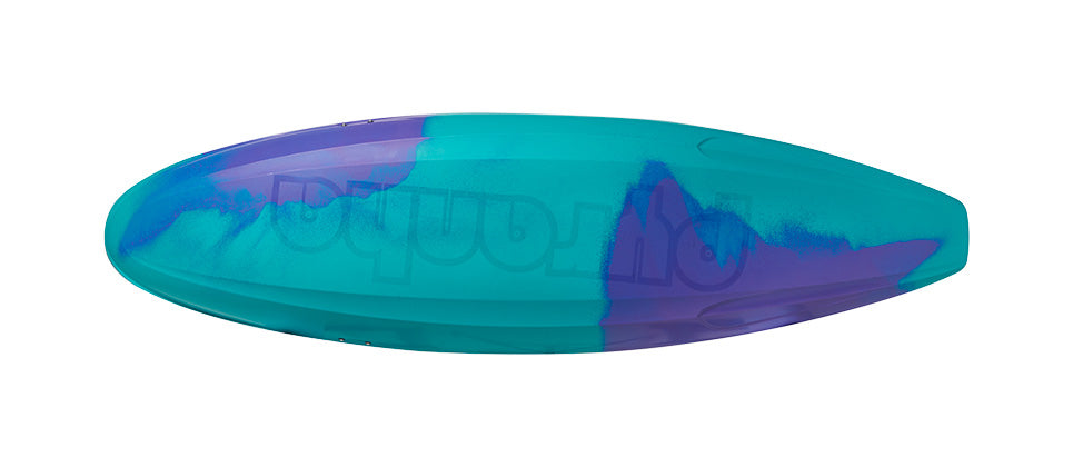 A surfboard with a blue and purple gradient design viewed from above against a white background, featuring vibrant colors inspired by the Pyranha Firecracker kayak.