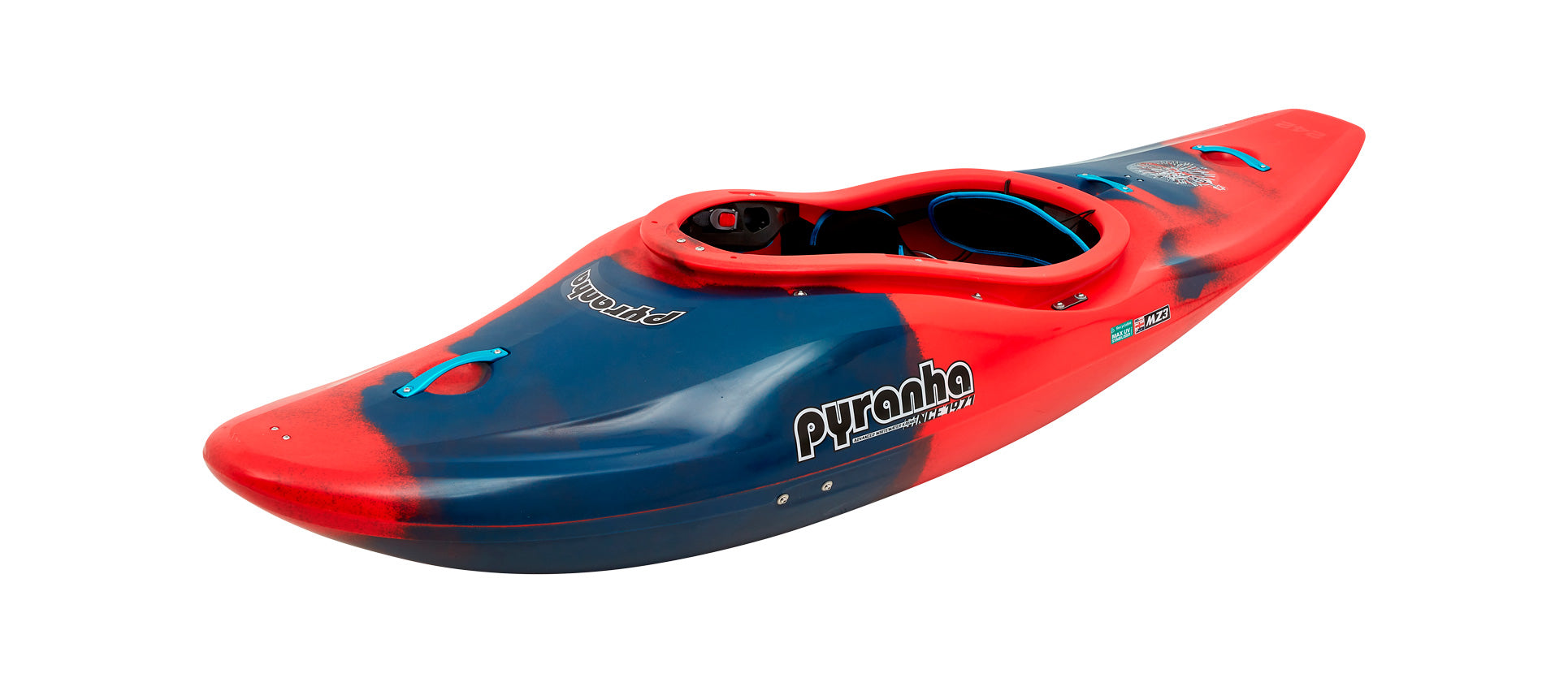 A red Pyranha Firecracker kayak on a white background.