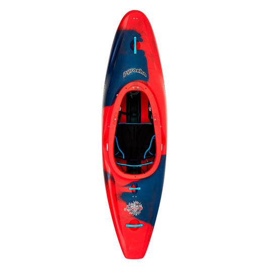 A red and blue Firecracker kayak on a white background, designed for Class IV rapids by Pyranha.