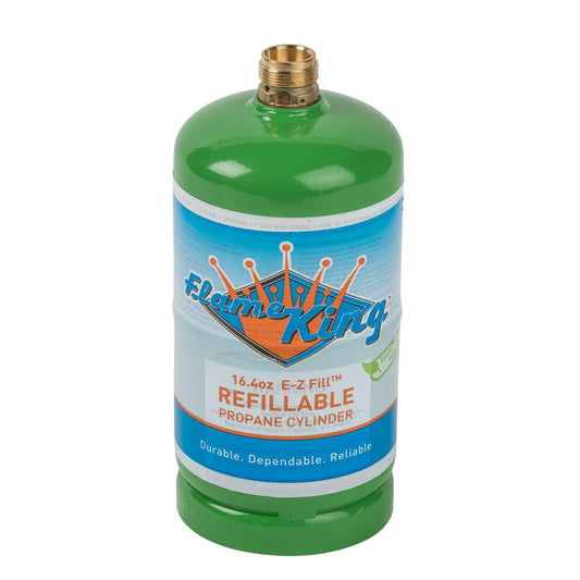 The Flame King Refillable 1LB Propane Canister, featuring a durable brass valve and blue-white label, offers a reliable and eco-friendly portable fuel solution—ideal for environmentally conscious users.