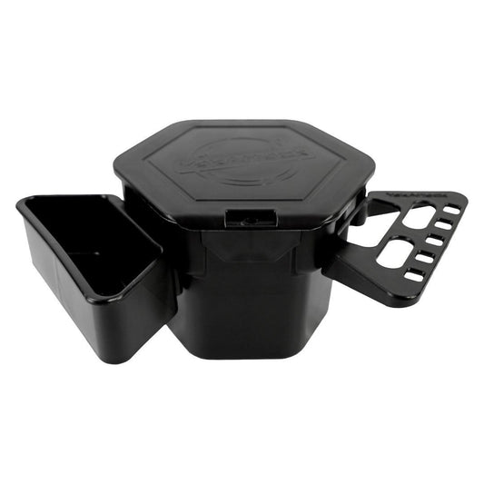 The YakAttack MultiMount PRO Cup Holder is a black plastic, hexagonal cup holder with a hinged lid and two side compartments—one solid and one perforated—ideal as a modular kayak accessory for any angler’s workstation.