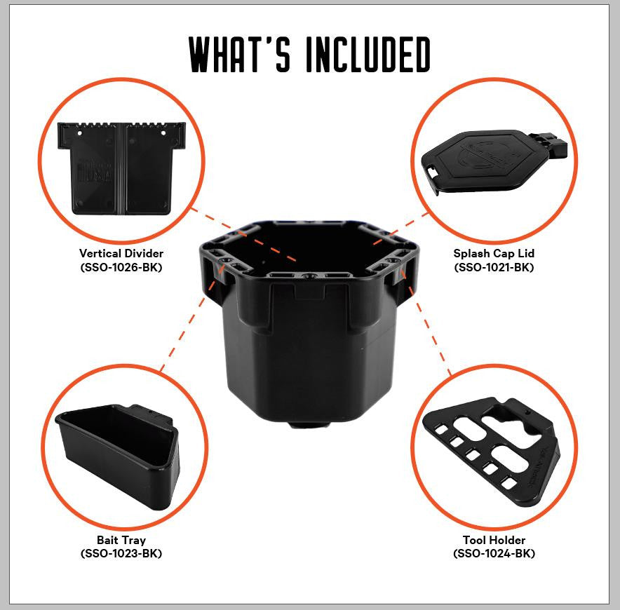 Image showing what's included with the YakAttack MultiMount PRO Cup Holder: vertical divider, splash cap lid, bait tray, tool holder, and central storage container—all in black with product codes—ideal for kayak angling.