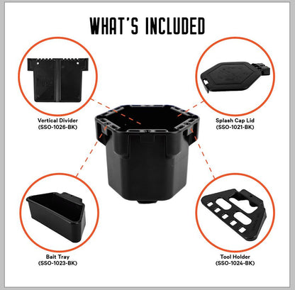 Image showing what's included with the YakAttack MultiMount PRO Cup Holder: vertical divider, splash cap lid, bait tray, tool holder, and central storage container—all in black with product codes—ideal for kayak angling.