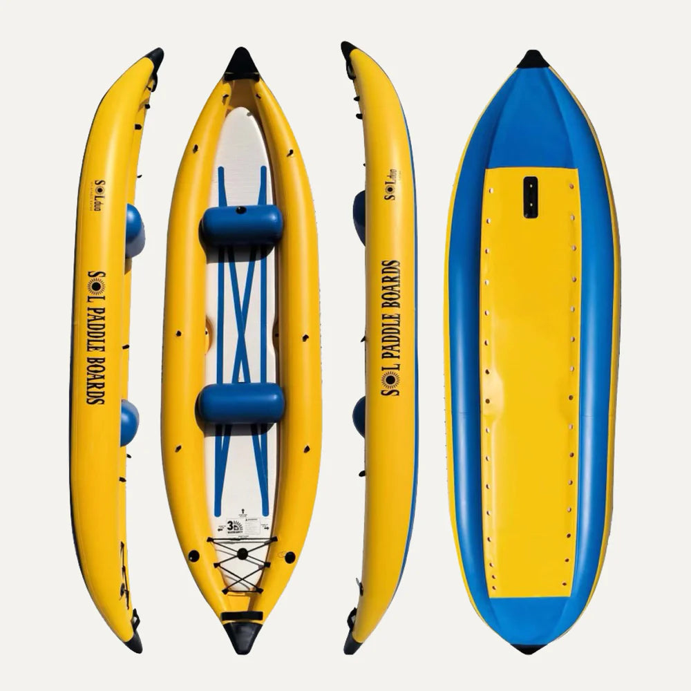 Four GalaXy SOLduo Tandem IK yellow and blue inflatable paddle boards by SOL Paddle Boards are displayed from various angles, highlighting their design. Featuring the GalaXy Stringer System, they promise unmatched durability for an exceptional water experience.