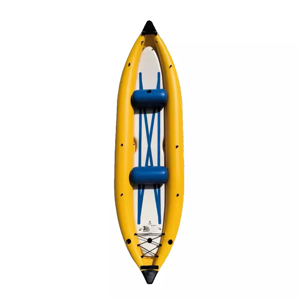 A top view of the durable yellow GalaXy SOLduo Tandem IK inflatable kayak by SOL Paddle Boards showcases its GalaXy Stringer System, featuring two blue seats and black accents on a white background.