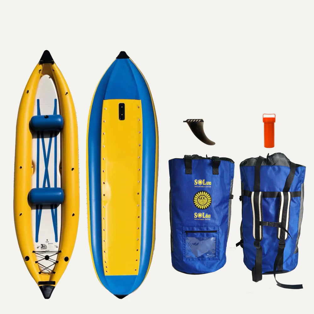 The GalaXy SOLduo Tandem IK by SOL Paddle Boards is an inflatable yellow and blue kayak with the GalaXy Stringer System for durability. It deflates and folds for convenience, includes a storage bag, a detachable fin, and comes with a red repair kit tube.