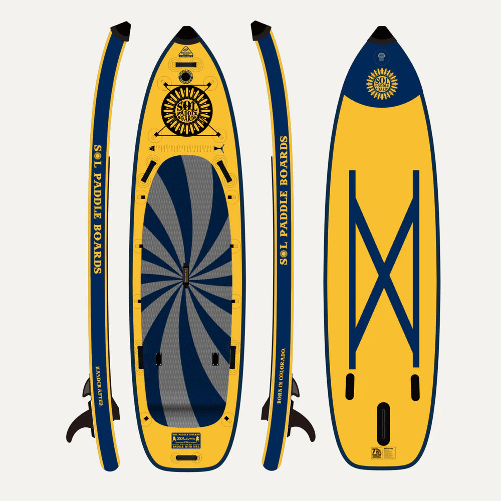 The SOLsumo by SOL Paddle Boards is a yellow and blue inflatable SUP with sun designs, featuring a textured surface, black fins, carrying straps, and the Advanced GalaXy Stringer System. Perfect for your adventurous expeditions. Includes three views.