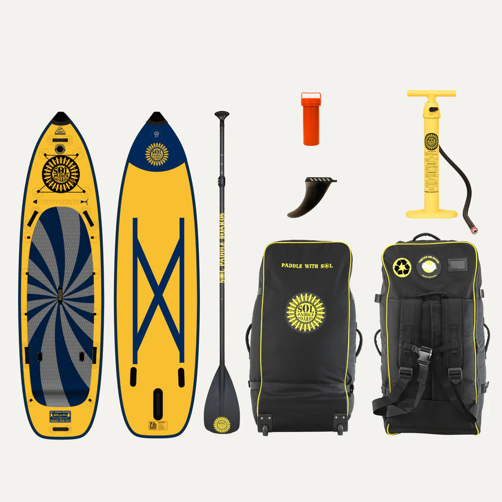 The SOL Paddle Boards SOLsumo is a yellow and blue inflatable SUP set with paddle, pump, fin, bag, and repair kit. Featuring a sunburst design and branding, this paddleboard includes an advanced stringer system for enhanced expedition performance.