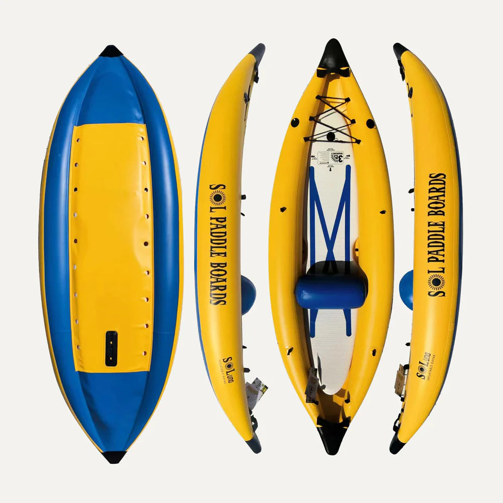 Four views of the "GalaXy SOLuno Solo IK" by SOL Paddle Boards in yellow and blue, showcasing top, side, angled, and bottom perspectives. Made with reinforced material and featuring the innovative GalaXy Stringer System for enhanced durability.