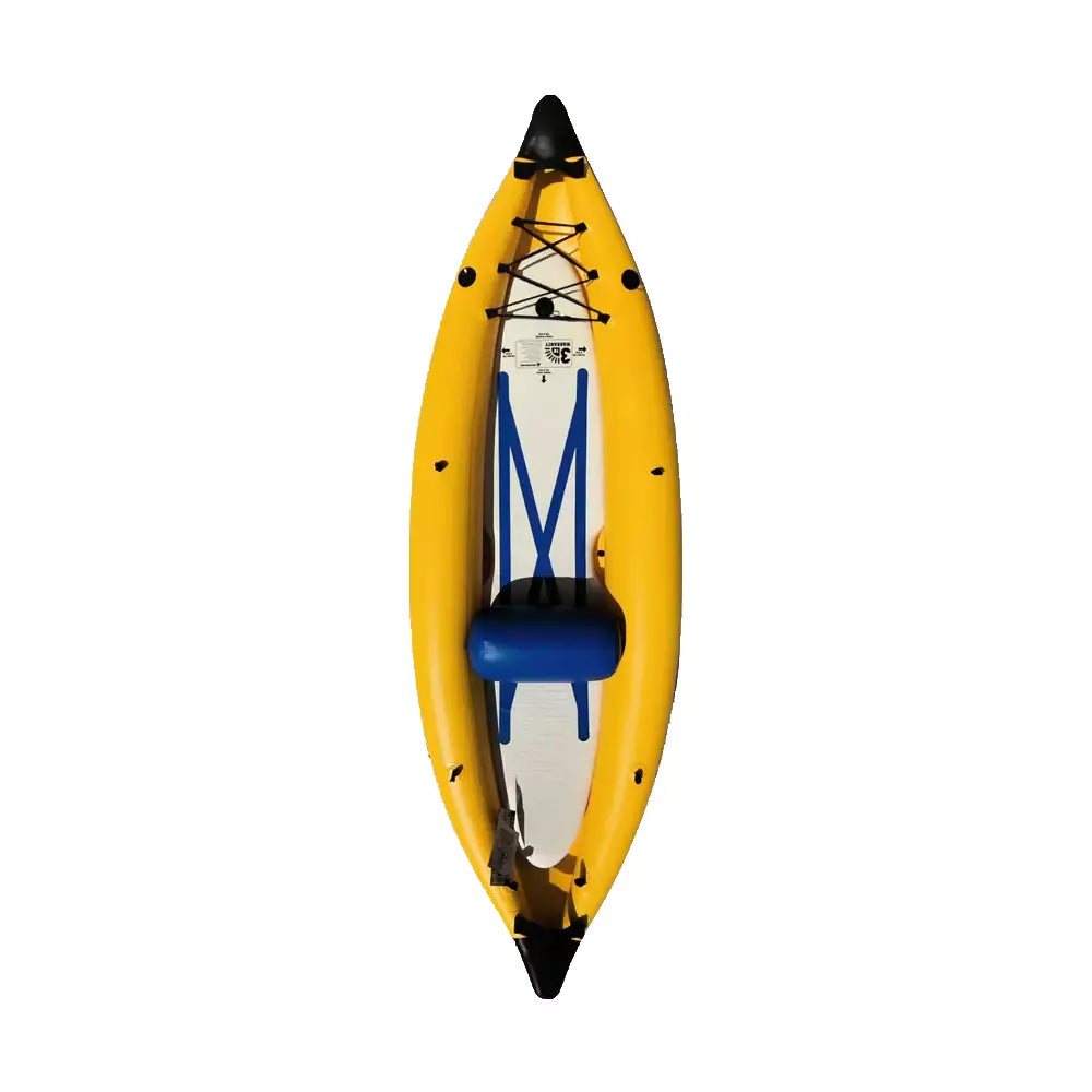Aerial view of the yellow GalaXy SOLuno Solo IK inflatable kayak by SOL Paddle Boards, featuring the Stringer System for durability, with a single blue seat and black accents on the nose and tail.