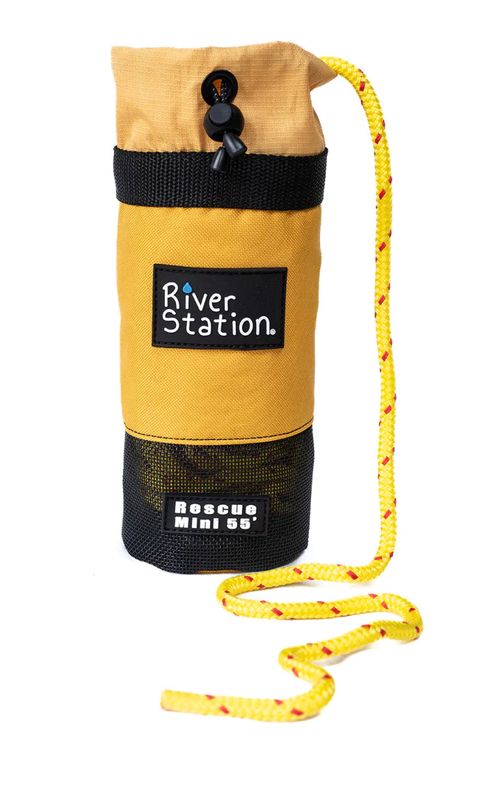 A yellow and black River Station Gear kayak/packraft throw bag with quick drying rope.