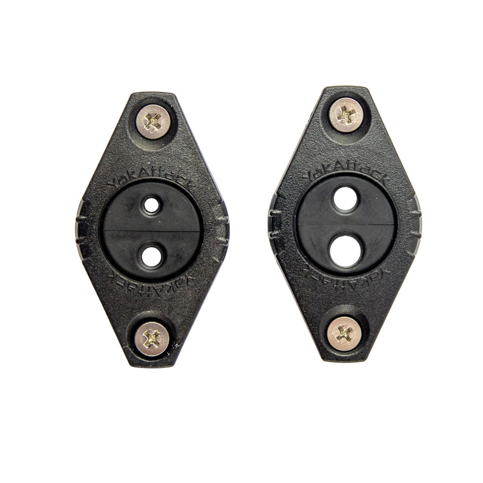 Two black oval plastic brackets with two central holes and metal screws, shown side by side for YakAttack GridLoc Through Hull Wiring Kit—compatible with BlackPak Pro for kayak through hull wiring.