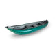 The Baraka Inflatable Canoe by Gumotex is a green and grey two-seater with a self-bailing bottom and side-attached paddles.