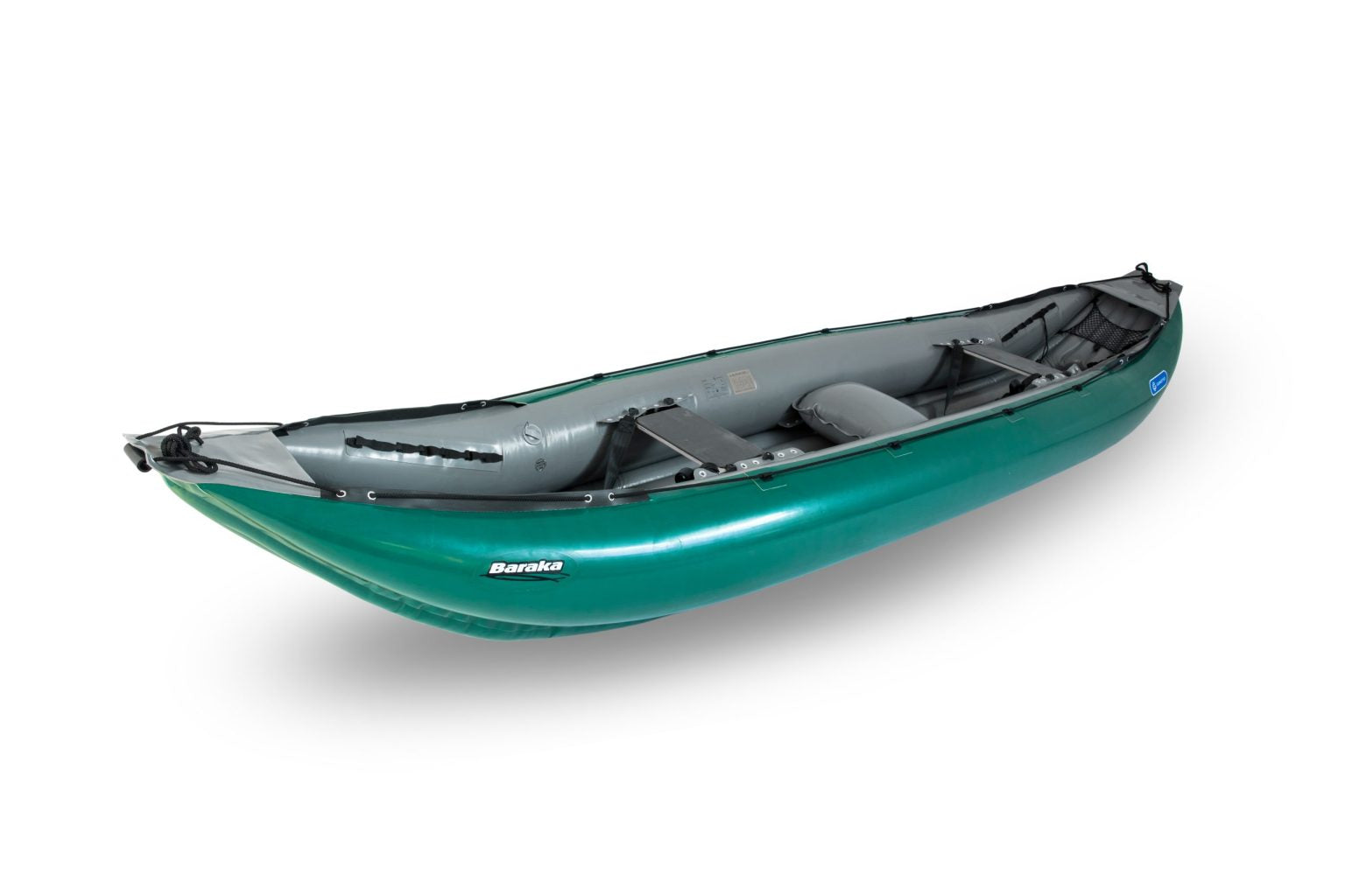 The Baraka Inflatable Canoe by Gumotex is a green and grey two-seater with a self-bailing bottom and side-attached paddles.
