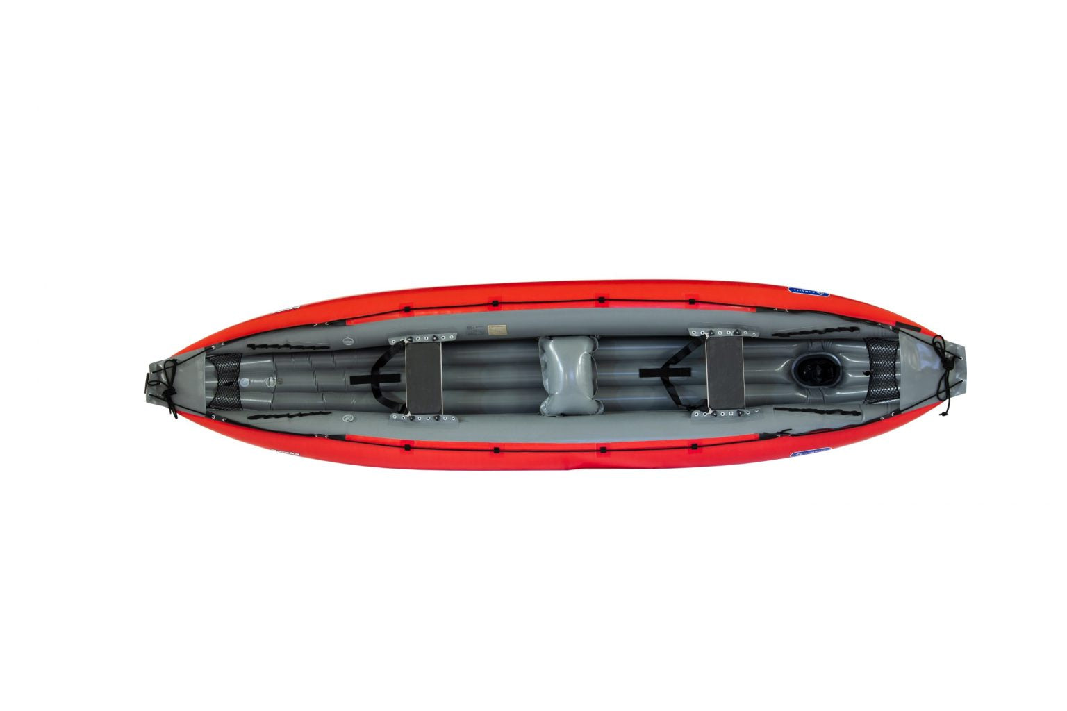 Top view of the Baraka Inflatable Canoe by Gumotex, showcasing a red and grey design with a self-bailing bottom. It features two seating areas and footrests, designed comfortably for two passengers.