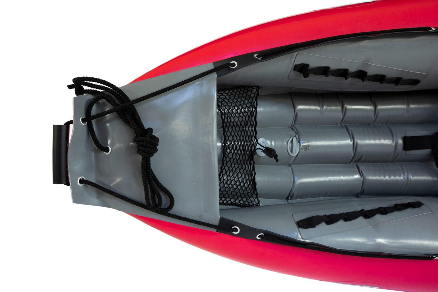Top view of the interior of a Gumotex Baraka Inflatable Canoe, featuring gray seats, foot rests, black securing ropes and netting, and a self-bailing bottom designed for white water adventures.