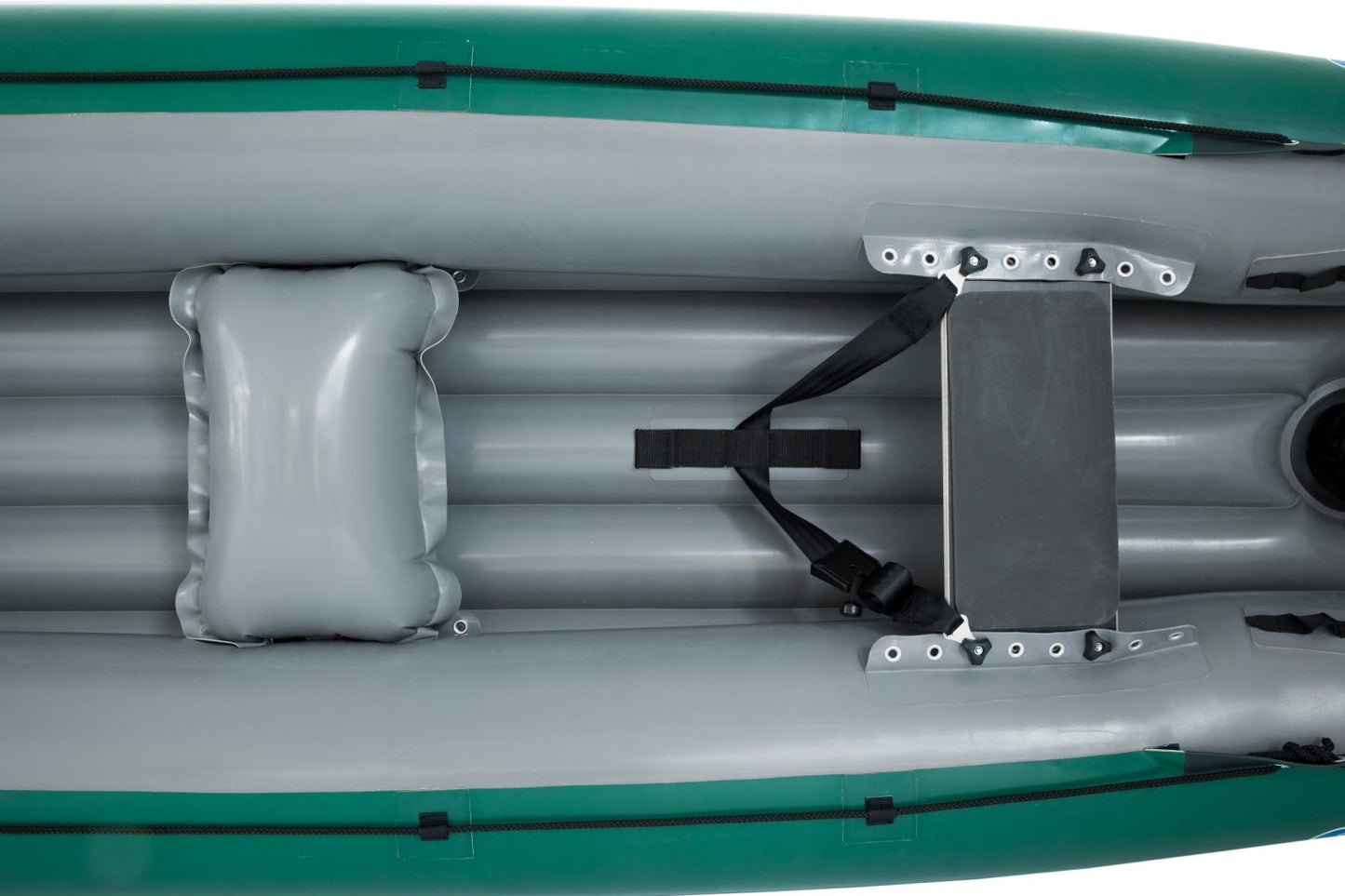 Top view of the Gumotex Baraka Inflatable Canoe in gray with a green exterior, showcasing seating areas, one featuring a padded seat, and black straps securing various components. This whitewater canoe is designed with a self-bailing bottom for added safety and convenience.