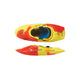 A Pyranha Helectron freestyle kayak in yellow and red is shown from top and side views, featuring a seat, footrest, Elite Outfitting System, and Pyranha branding stickers on the side.